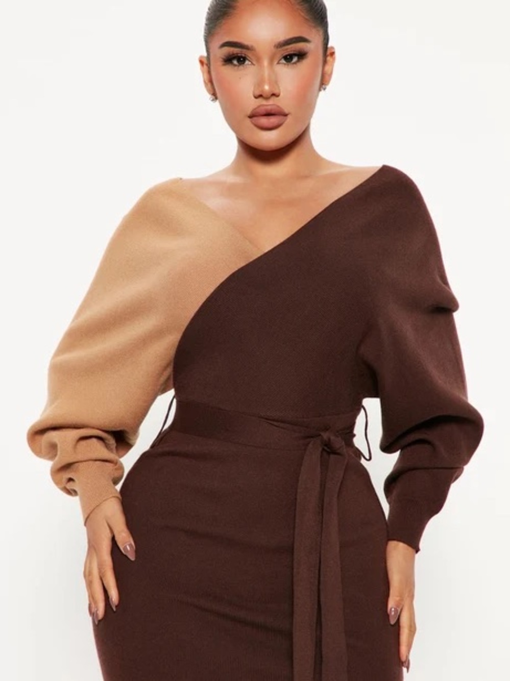 Fashion Nova Mona color block Shoulder Wrap Sweater Dress - Brown & Camel